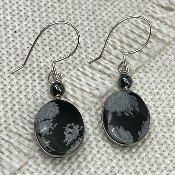Handmade Vintage 1990's Snowflake Obsidian & Black Pearl Earrings - Picture 12 of 16